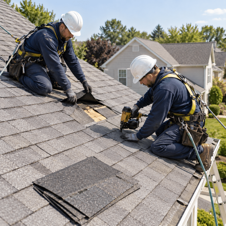 Roofers replacing damaged asphalt shingles on a residential roof in Delray Beach, FL