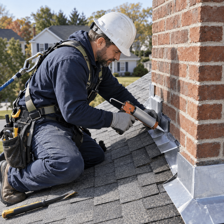 Roofer applying sealant around chimney flashing on a residential shingle roof for roofing services near me