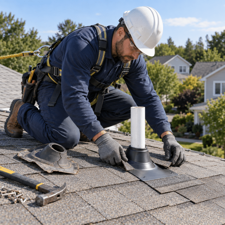 Roofer installing pipe flashing on a residential shingle roof in Jupiter, FL