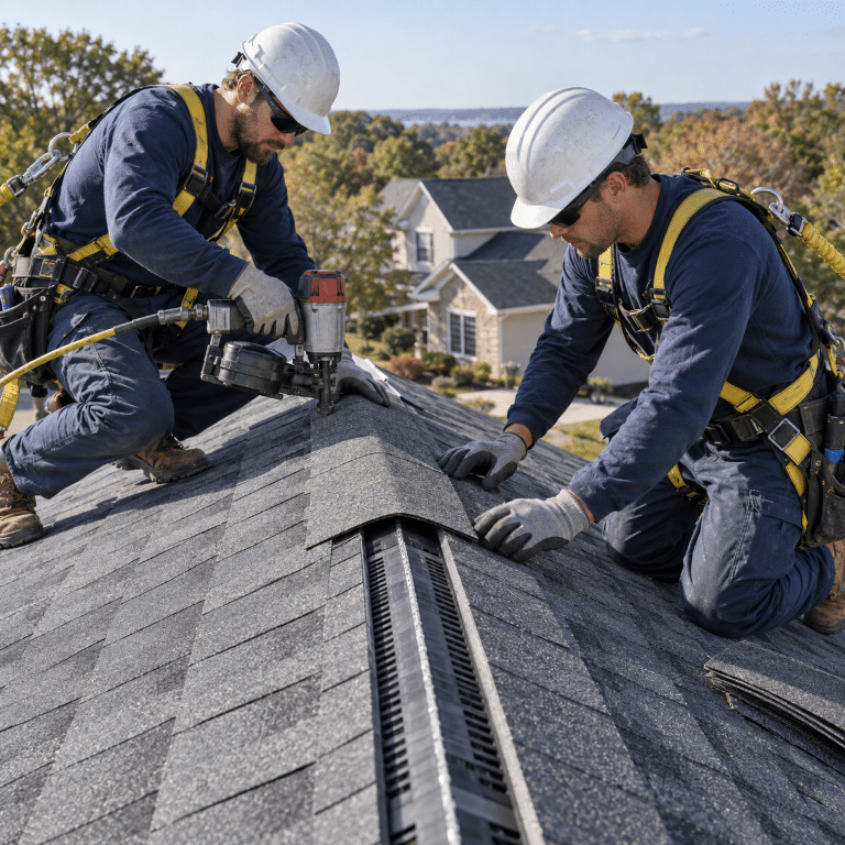Roofers installing ridge vent shingles on a residential roof for roofing services near me
