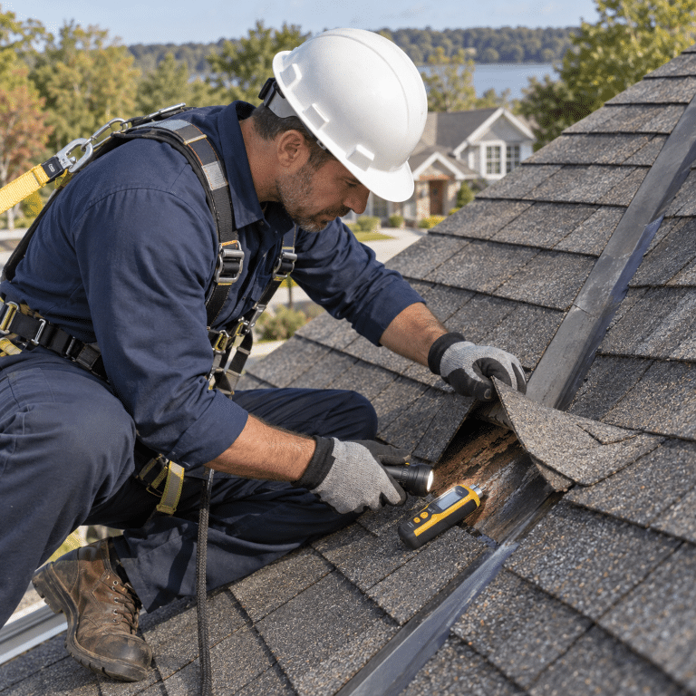 Roofer inspecting damaged asphalt shingles and exposed roof decking on a residential roof in Miami, FL