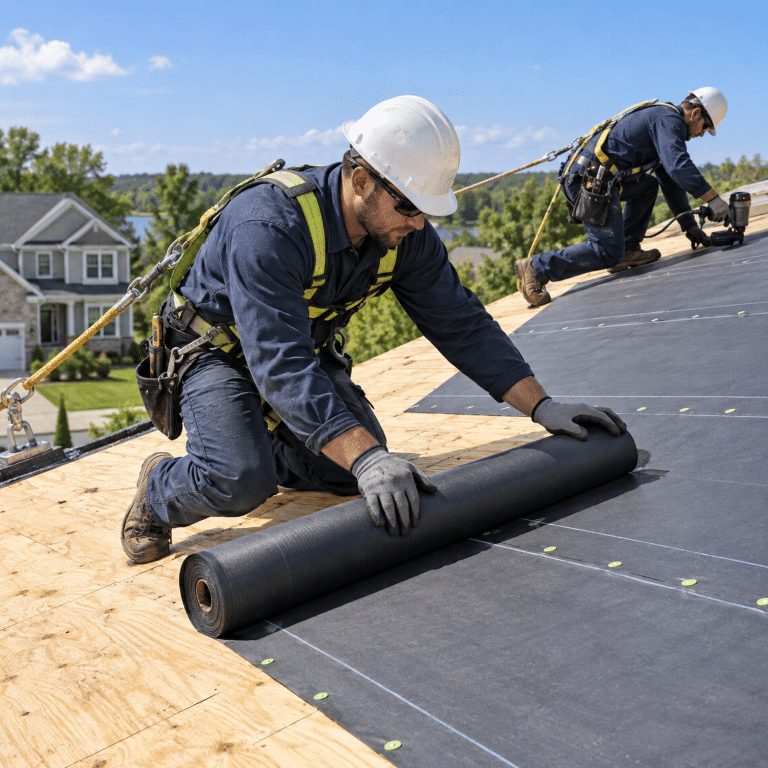 Roofers installing roofing underlayment on a residential roof for roofing services near me