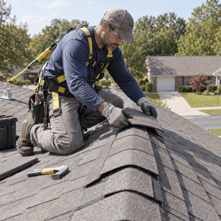 Roofer installing ridge cap shingles on a residential roof for roofing services near me