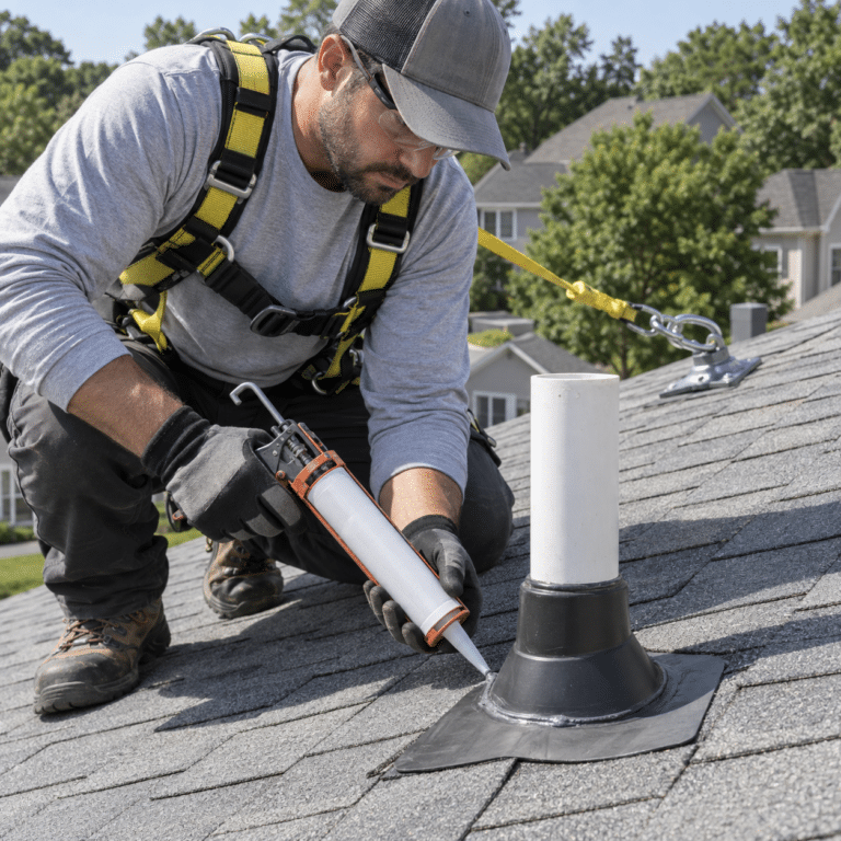 Roofer applying sealant around a roof vent on a residential shingle roof in Coral Springs, FL