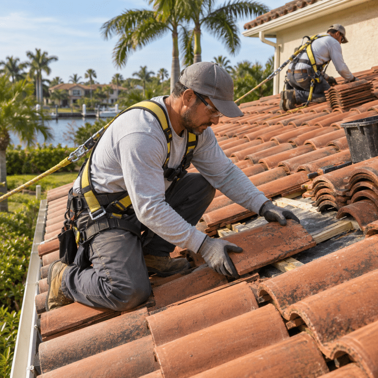 Roofer replacing clay roof tiles on a residential home for roofing services near me