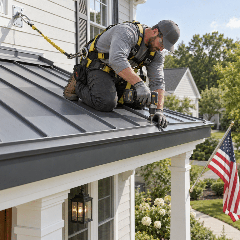 Roofer installing a standing seam metal roof on a residential home in Boca Raton, FL