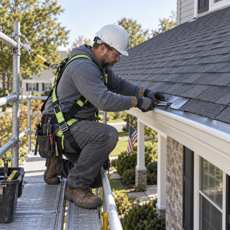 Roofer installing metal flashing along a residential shingle roof in West Palm Beach, FL