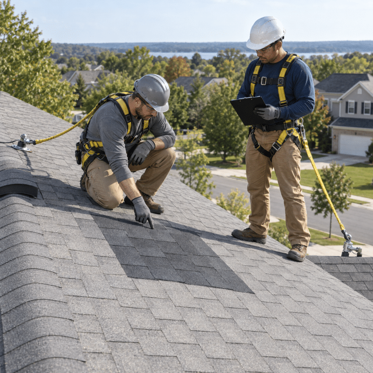 Roofing professionals inspecting asphalt shingles on a residential roof for roofing services near me