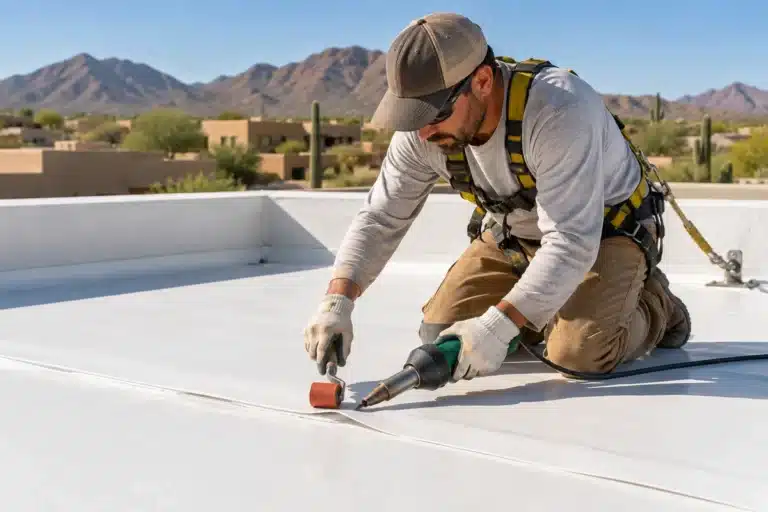 Roofing technician using a hot-air welding tool and hand roller to seal white roofing membrane seams on a flat roof during residential roofing services near me.