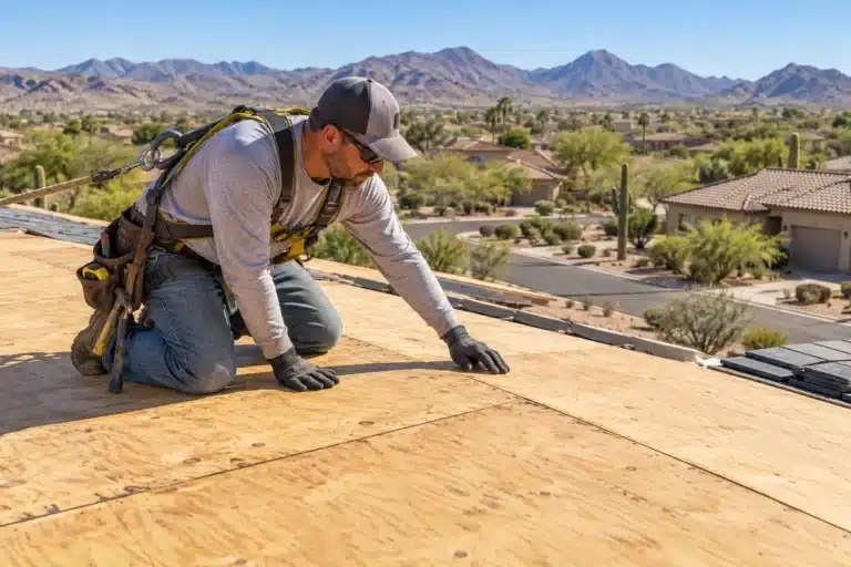 Roofing technician wearing safety gear inspecting newly installed plywood roof decking during residential roofing services in Stuart, FL.
