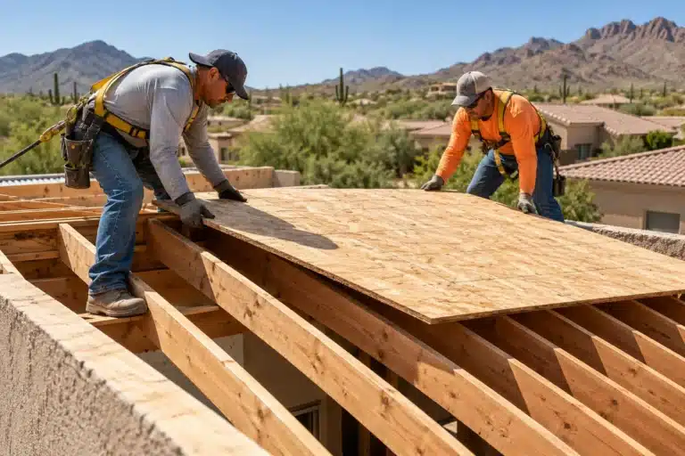 Two roofing technicians positioning a plywood roof decking panel over exposed wooden rafters during residential roofing services in Palm City, FL.