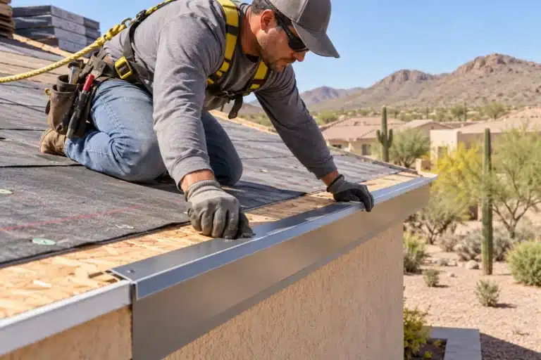 Roofing technician wearing safety gear positioning metal drip edge flashing along a plywood roof deck during residential roofing services near me.