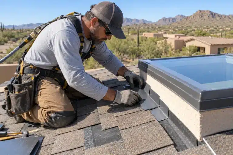 Roofing technician wearing safety gear installing metal flashing around a skylight on an asphalt shingle roof during residential roofing services near me.