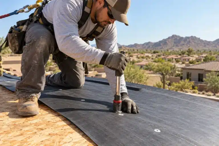 Roofing technician wearing safety gear fastening black roofing underlayment to a plywood roof deck during residential roofing services in Hobe Sound, FL.