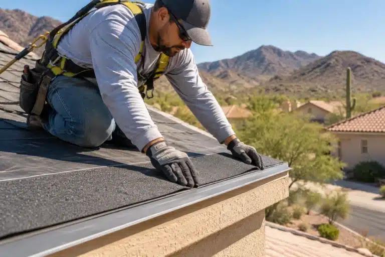 Roofing technician wearing safety gear positioning asphalt shingles along a metal drip edge on a residential roof during residential roofing services near me.