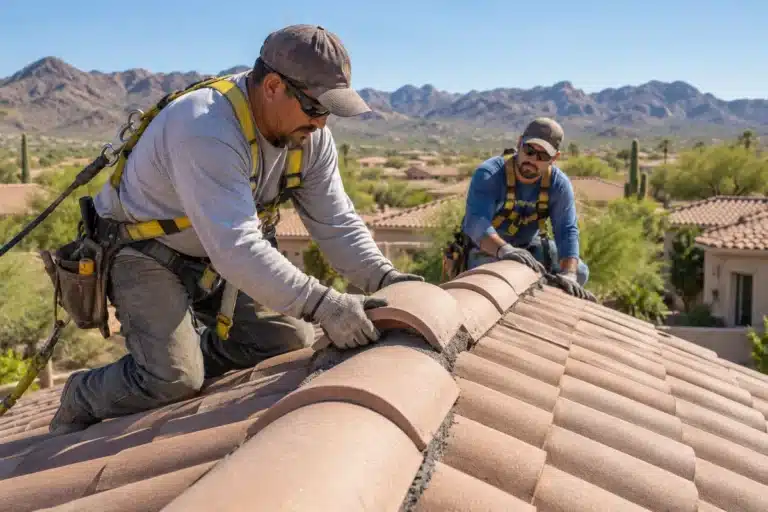 Two roofing technicians positioning and securing ridge cap tiles along a residential tile roof during residential roofing services in Port St. Lucie, FL.